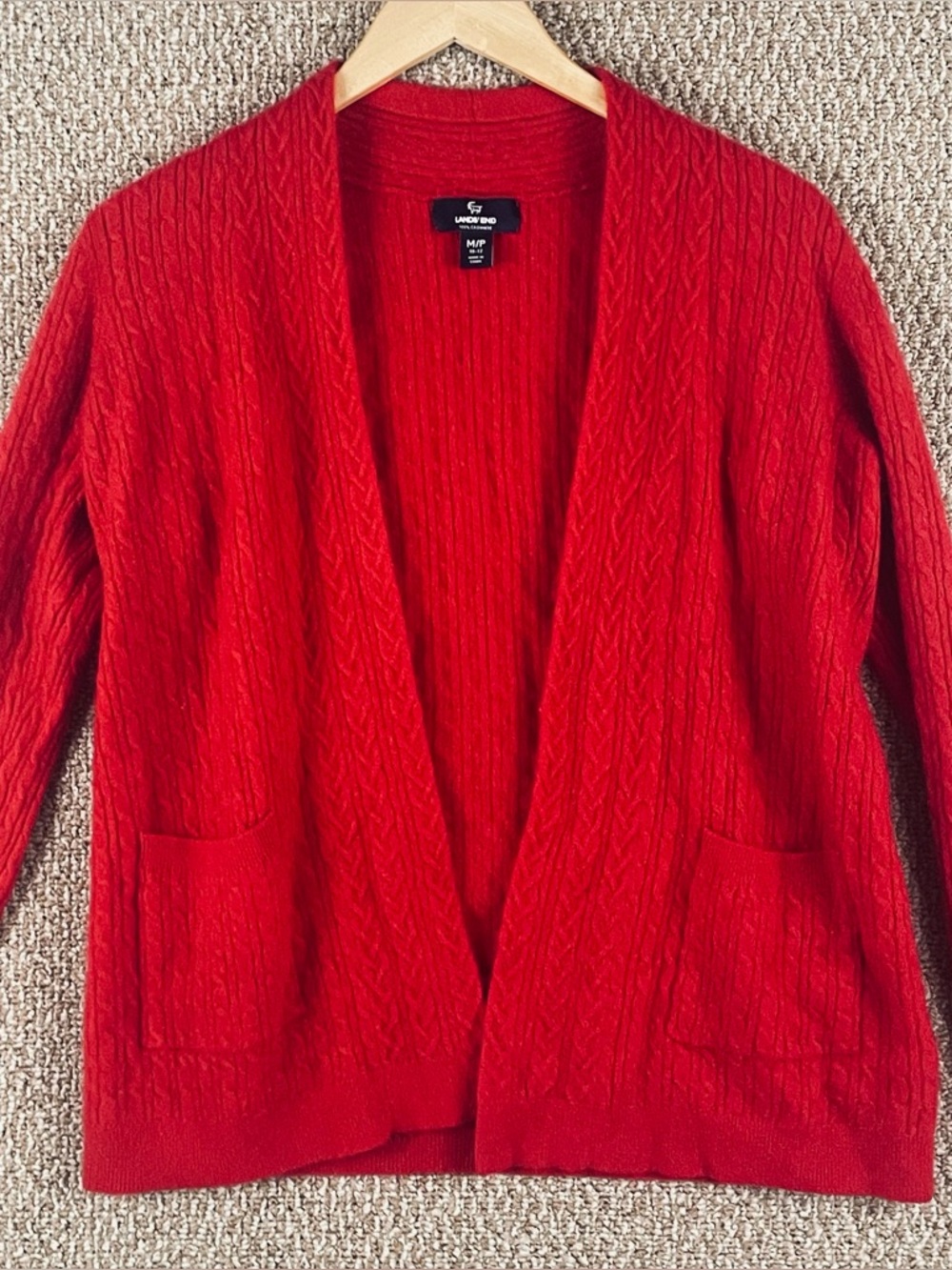Lands End Cashmere Cardigan Sweater Womens PM Open Cable Knit Red 216